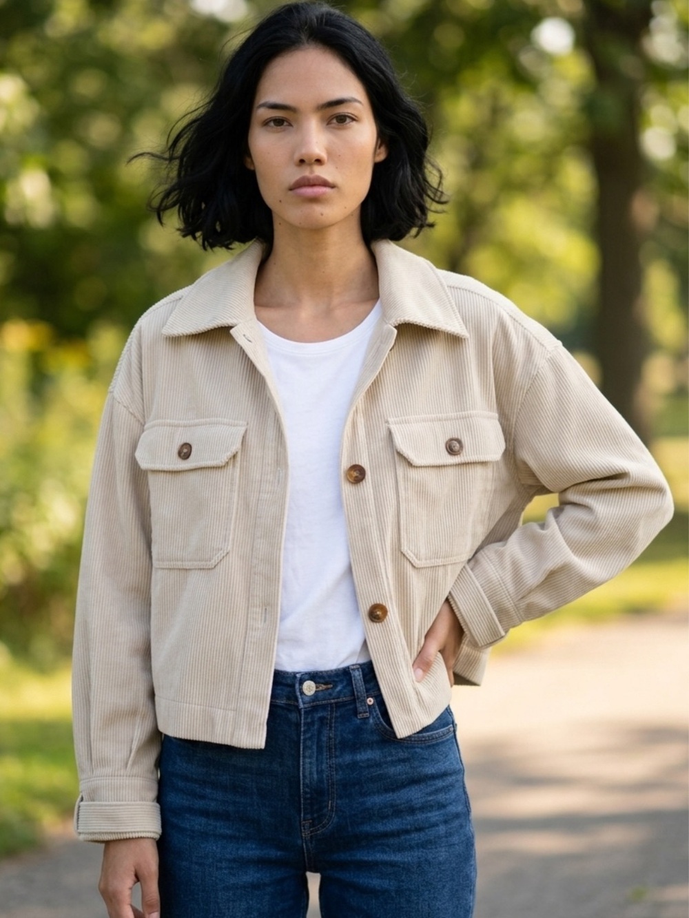 Avec Les Filles Beige Corduroy Crop Jacket